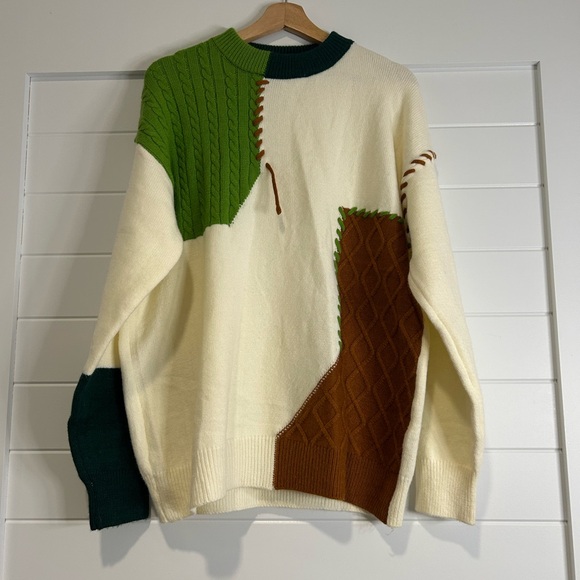 Gurun Vani Other - Men's Patchwork Crewneck Sweater - Cream, Green, and Brown